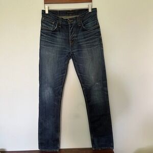 Nudie Jeans Co Mens Blue Whiskered Grim Tim 33x34 Button Fly Denim Jeans